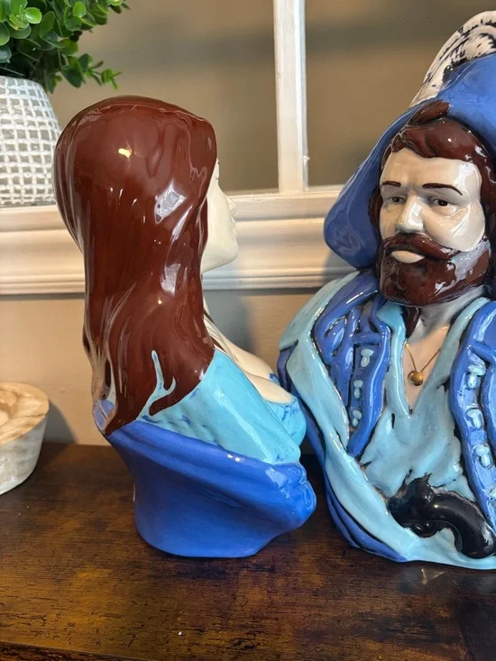 Vintage Style Ceramic Bust Set Nautical Couple Blue Hand Painted Decor - Picture 4 of 10